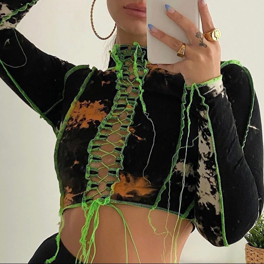 SOLD Stitch lace front tie dyed crop top
